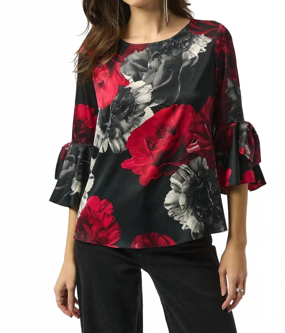 NEW JOSEPH RIBKOFF floral print boat neck 3/4 sleeves top in black/red